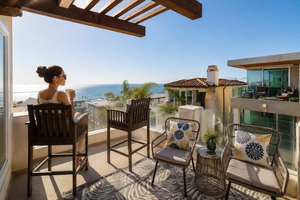 Sun drenched terrace with sweeping coastal views, outdoor seating, and the ultimate beachside atmosphere.