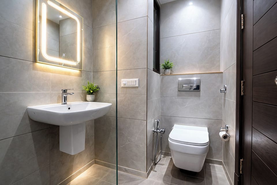 Shower, rainfall showerhead, free toiletries, towels