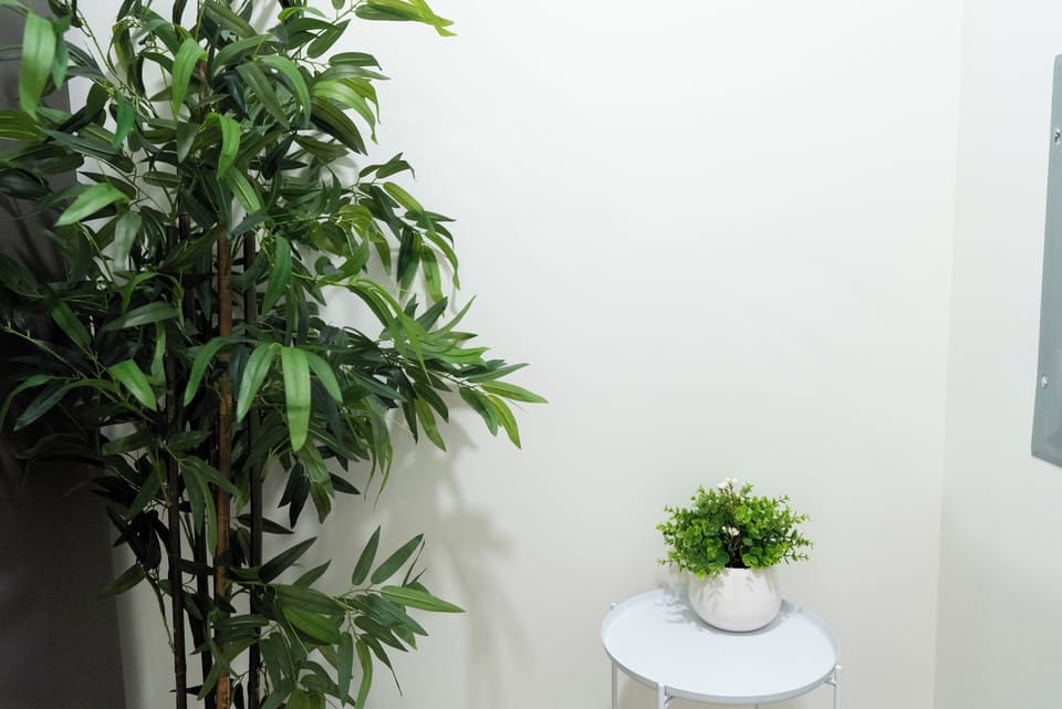 Fresh greenery and thoughtful touches create your peaceful corner retreat.