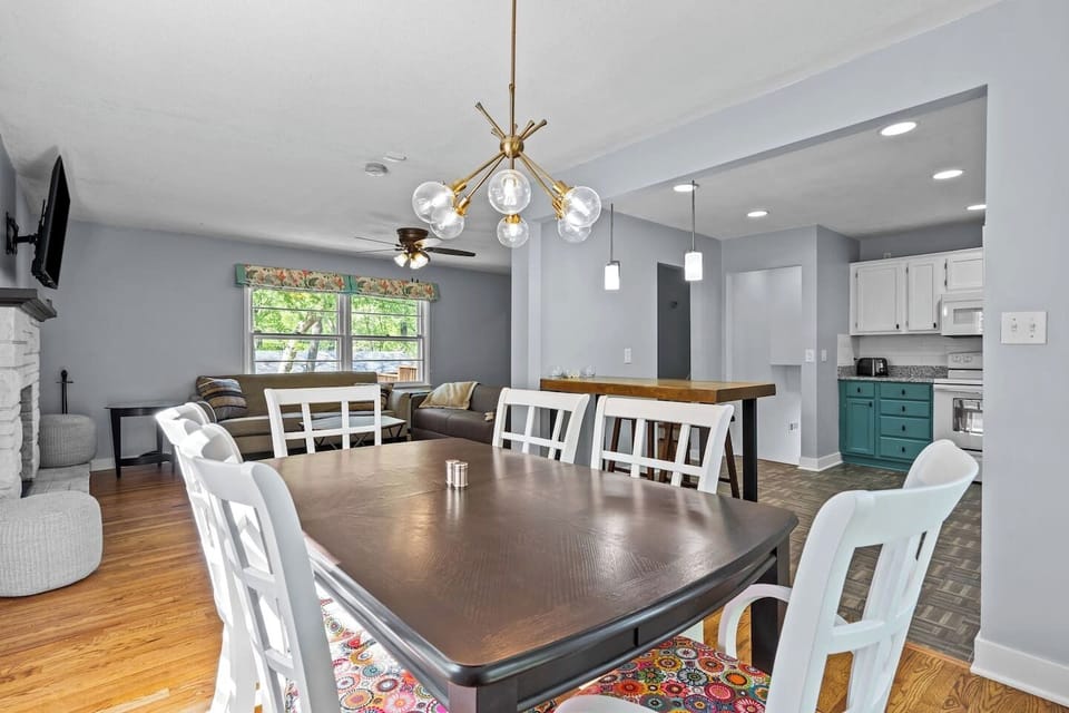 Fully equipped kitchen with plenty of space for group meals and morning coffee together.