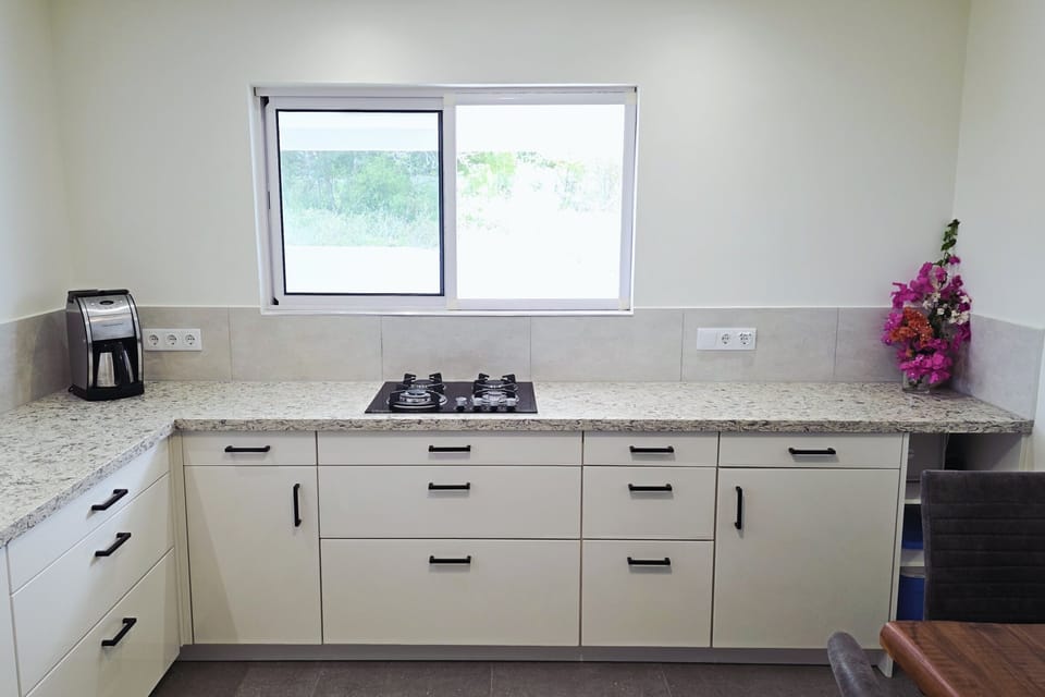 Modern kitchen features quartz counter, plenty of prep space and screend windows