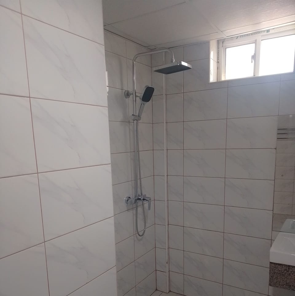 Shower, towels, soap, toilet paper