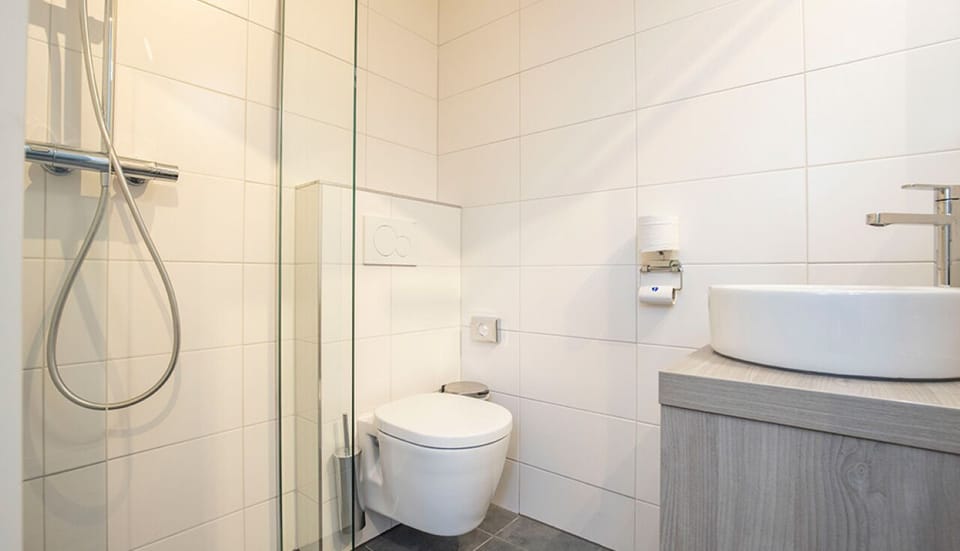 Step into a spotless, bright bathroom with a sleek shower.
