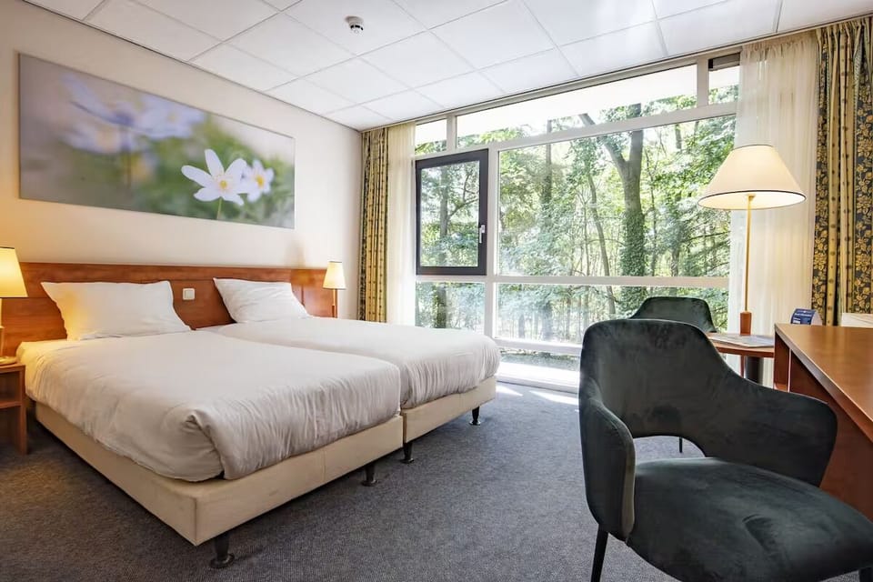 Sink into twin beds beside a sunlit window panorama.