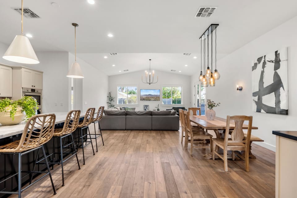 Open-concept great room, kitchen to living
