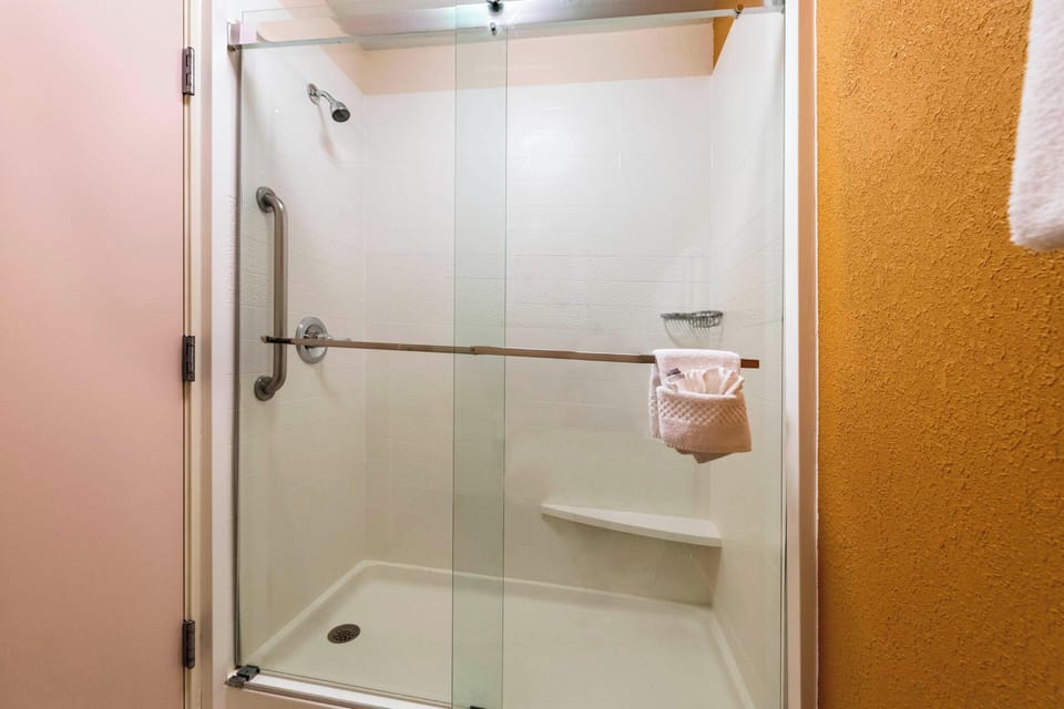 Combined shower/tub, free toiletries, hair dryer, towels