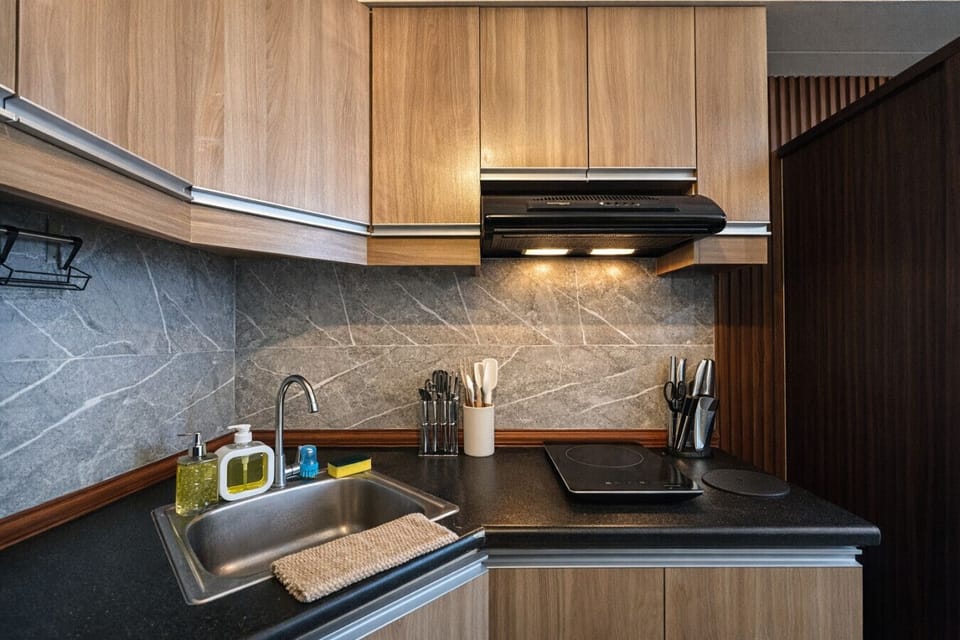 Clean and functional kitchen setup featuring stove, sink, and everything you need to cook comfortably.