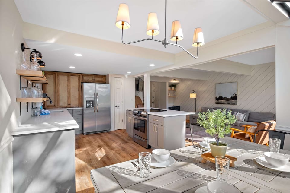Another view of the kitchen and family room from the dining room.