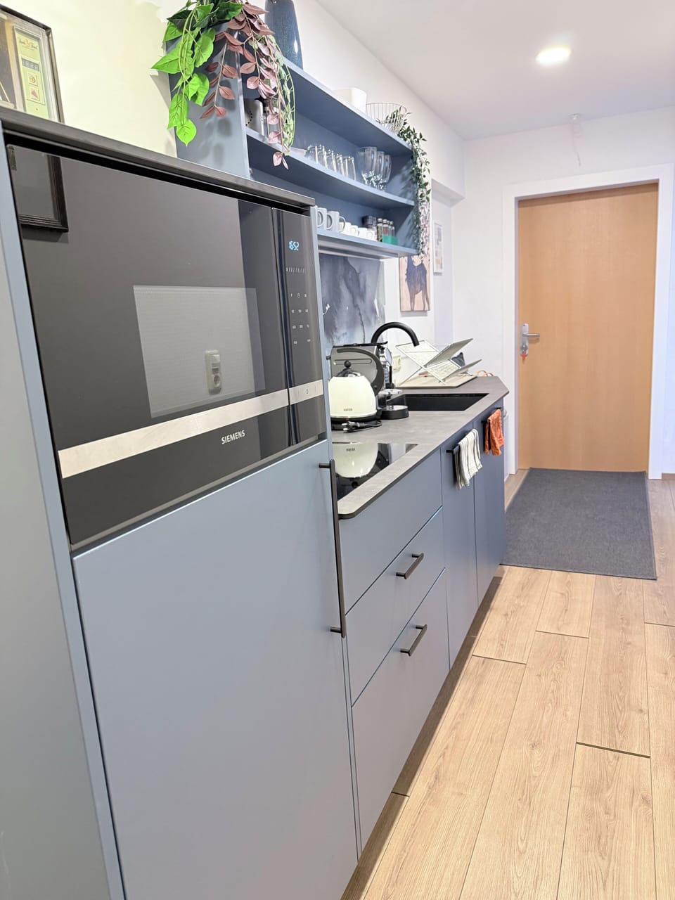 See Apartment mit Garten am See | Private kitchen | Fridge, microwave, stovetop, highchair