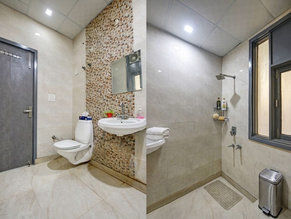 Shower, hydromassage showerhead, designer toiletries, slippers
