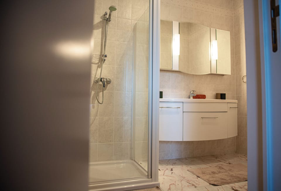 Shower, hair dryer, slippers, towels