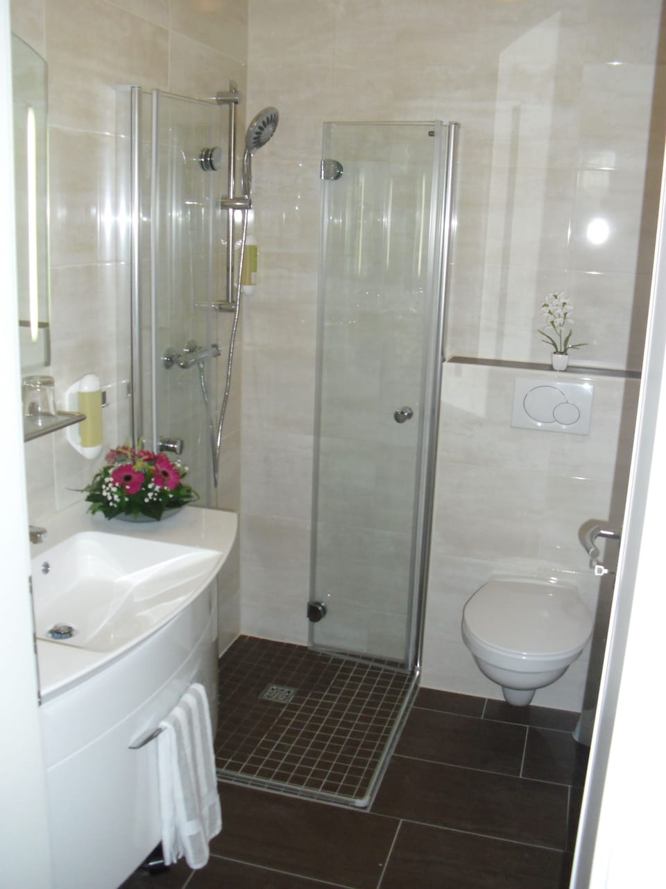 Shower, free toiletries, hair dryer, towels