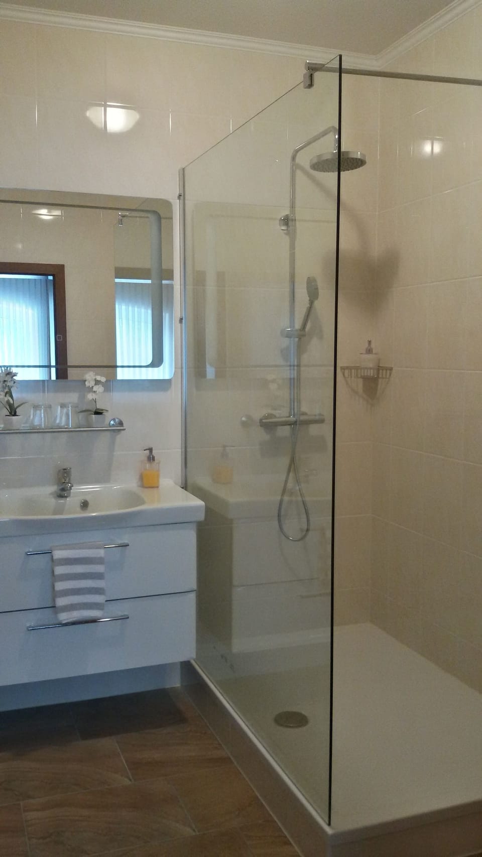 Shower, free toiletries, hair dryer, towels