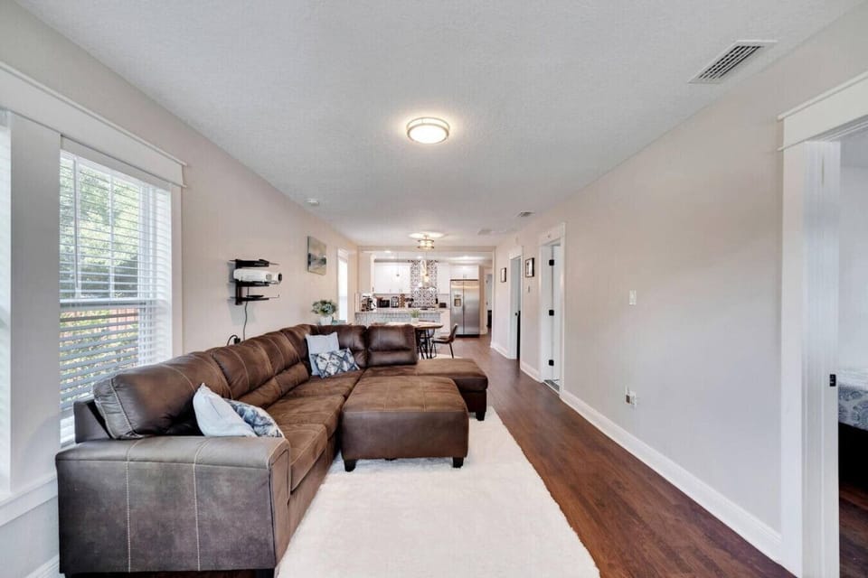 Living room area with projector for streaming