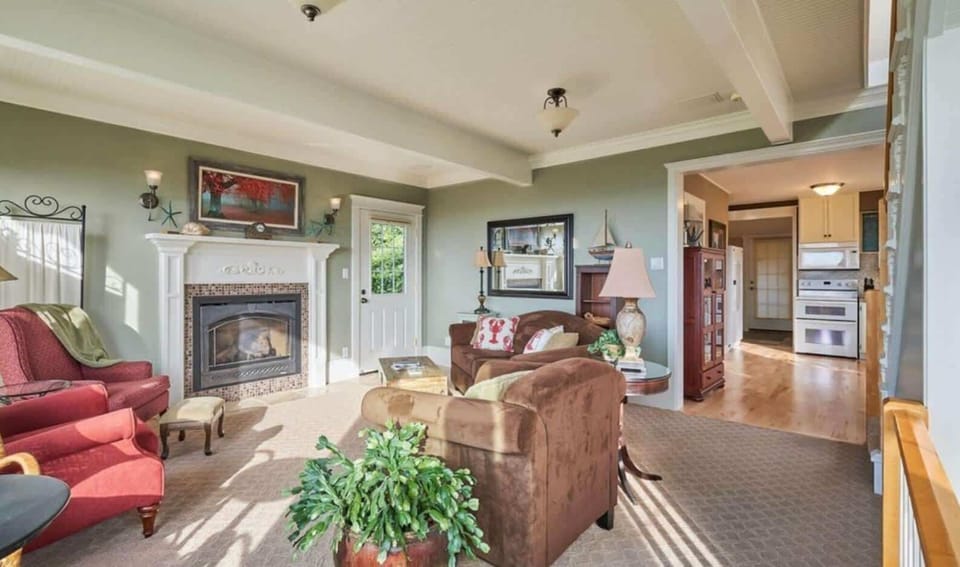 Sun-filled living space featuring a warm fireplace, inviting seating, and an open flow to the kitchen and dining area.