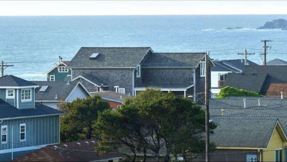 Wide ocean horizon view above the coastal neighborhood and surrounding homes.