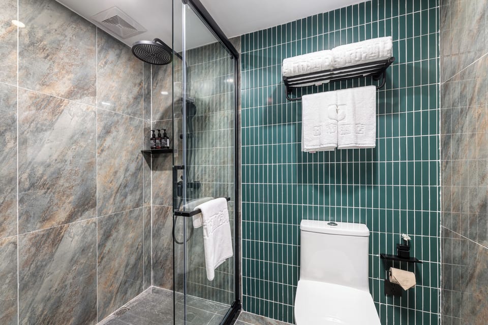 Shower, hair dryer, towels, shampoo