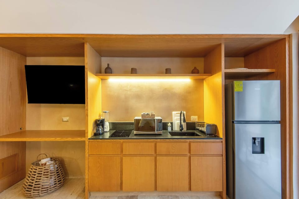Full equipped kitchen with refrigerator, microwave, blender, filter coffee maker and induction stove