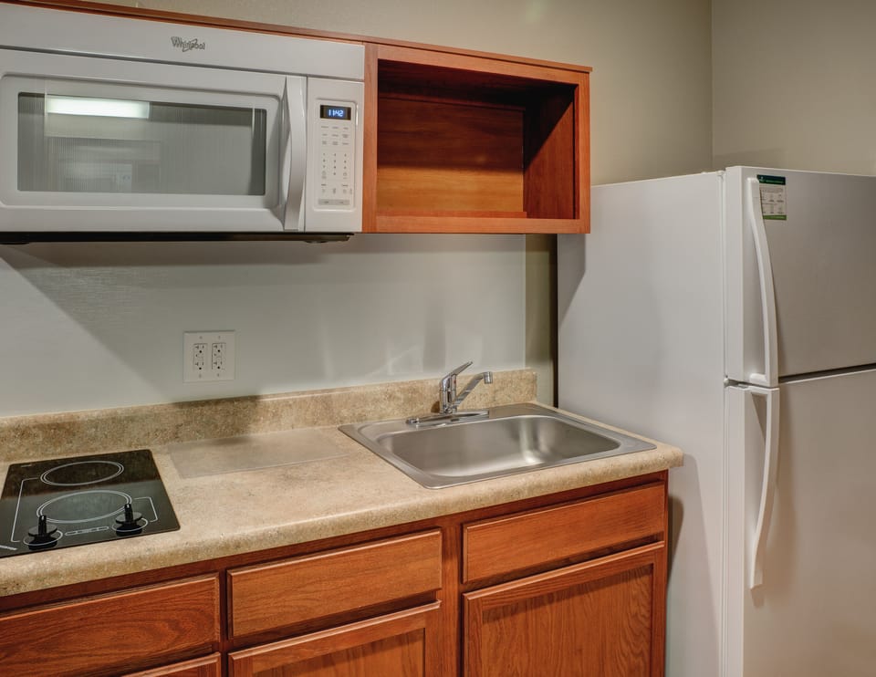 Full-size fridge, microwave, stovetop