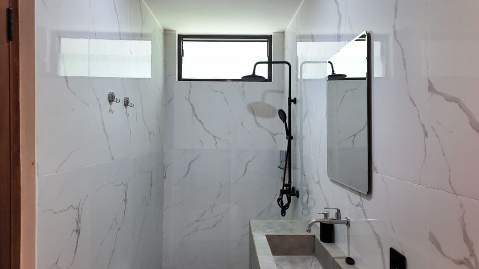 Shower, hair dryer, bidet, towels