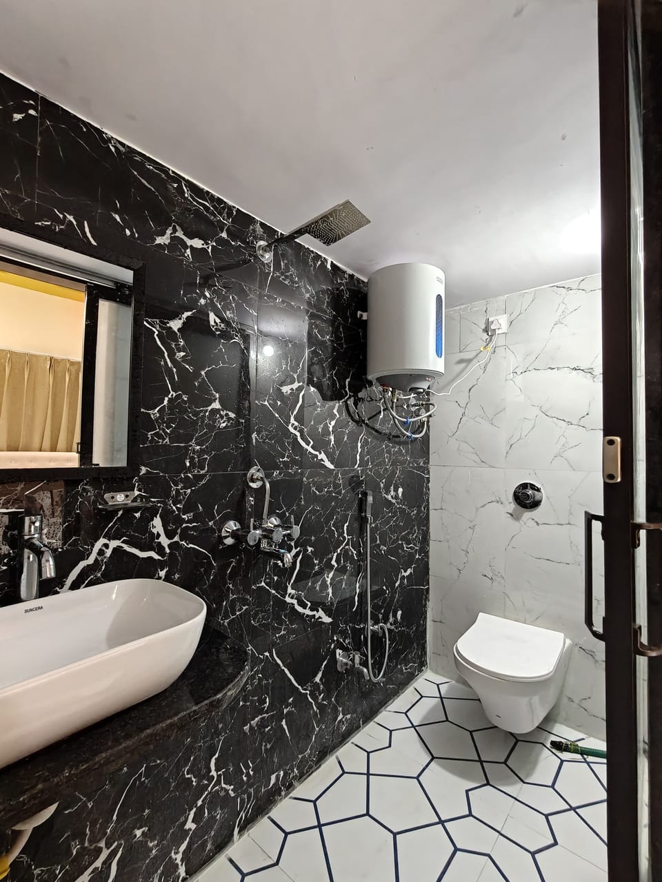 Shower, slippers, towels, soap