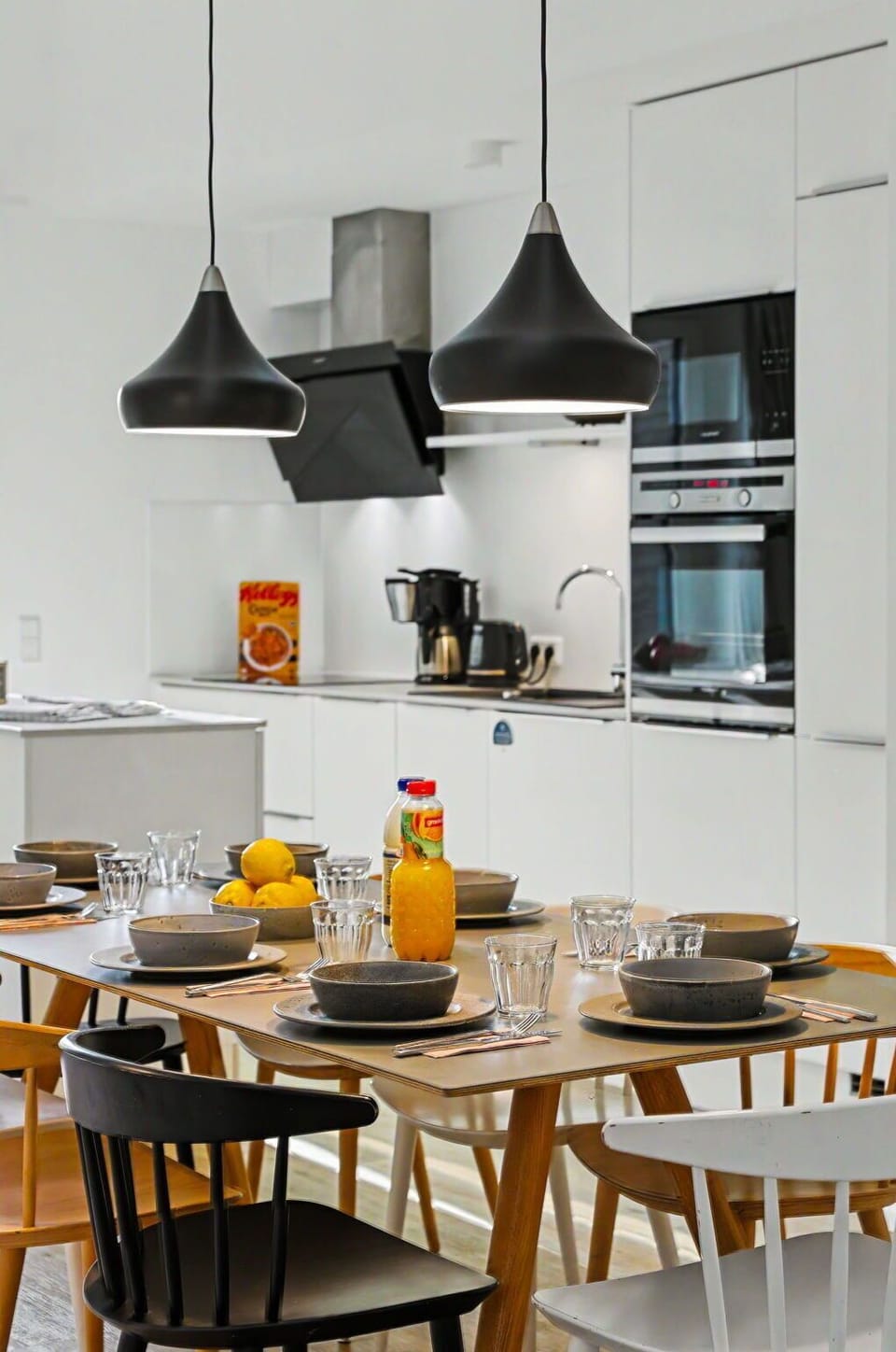 Interior Design, Light Fixture, Furniture, Ceiling, Chandelier, Kitchen, Lighting, Lampshade, Black, Kitchen & Dining Room Table
