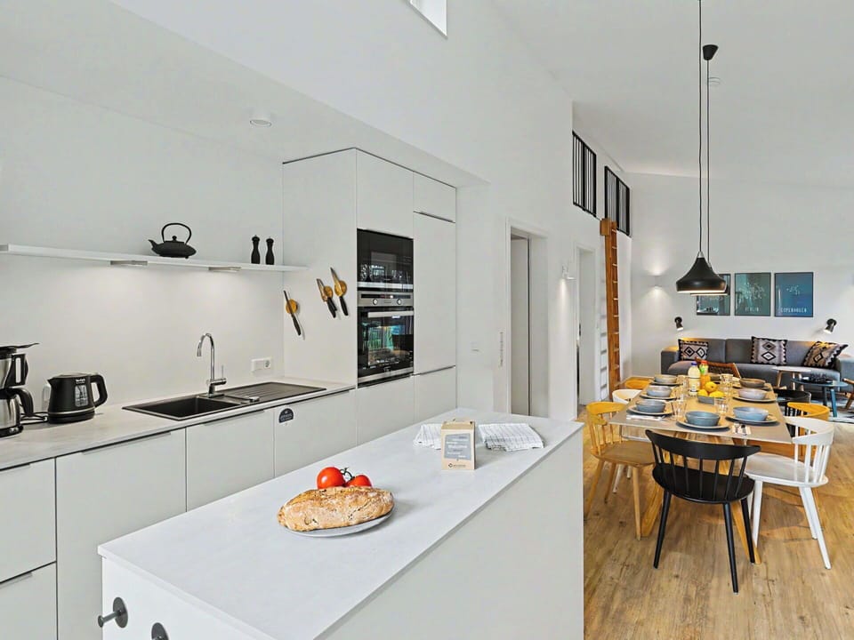 Kitchen, Interior Design, Countertop, Flooring, Furniture, Wood, Ceiling, Kitchen Appliance, Floor, Light Fixture