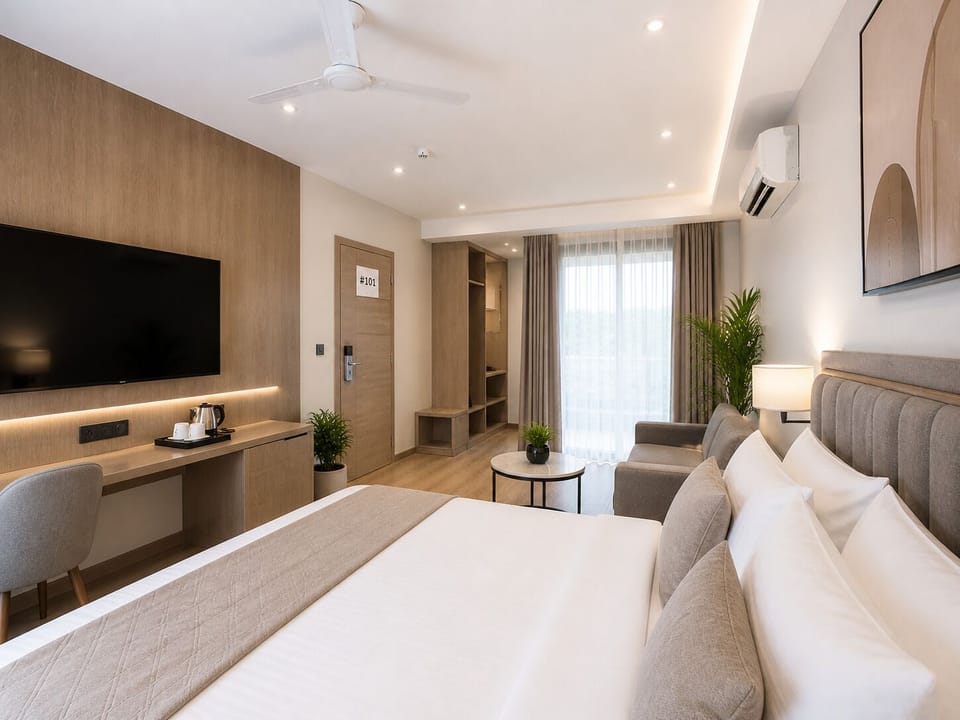 Deluxe Double Room, City View | Desk, laptop workspace