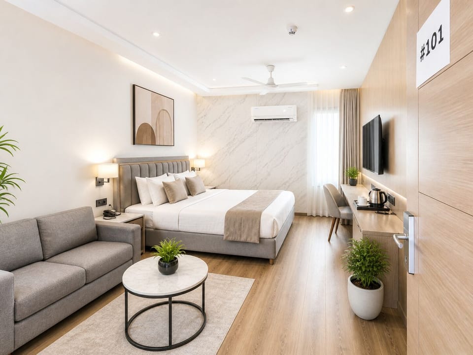 Deluxe Double Room, City View | Desk, laptop workspace