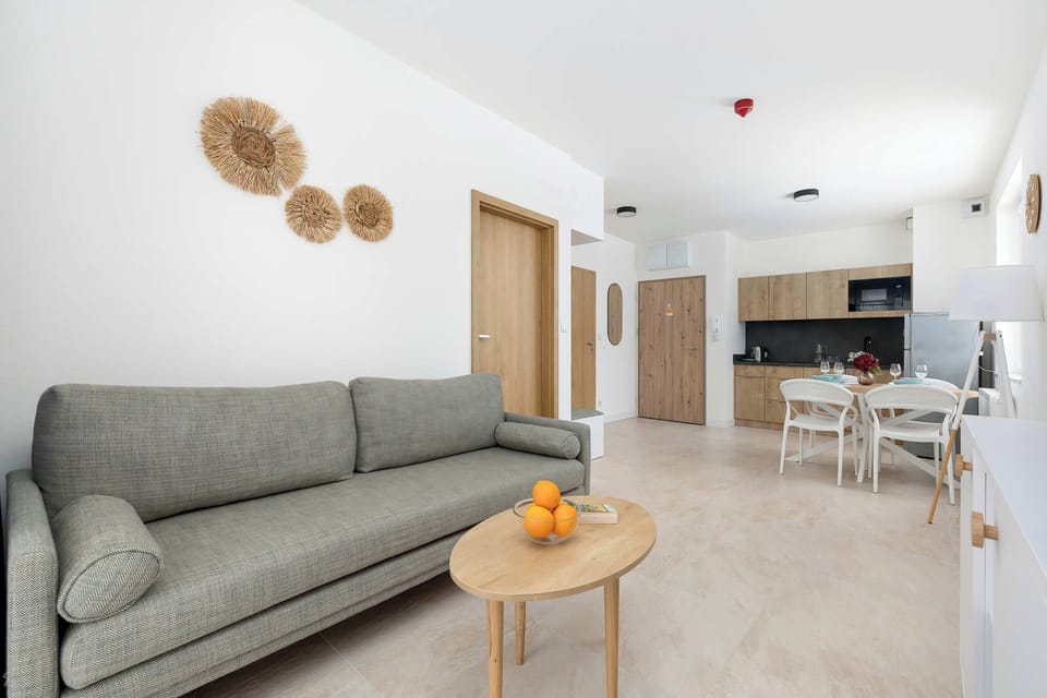 A wide-angle view of the living room highlights the seamless flow between the seating area and the fully equipped kitchenette.