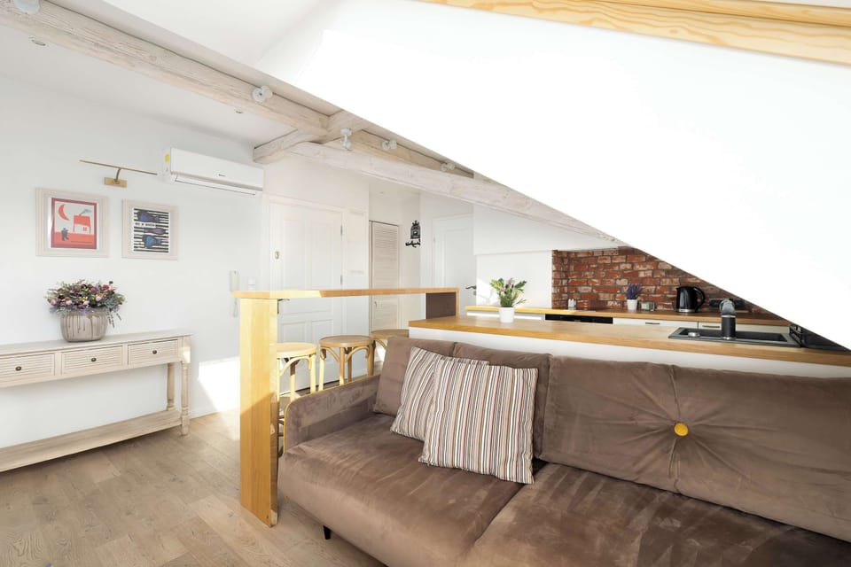 Perspective from the entrance shows the seamless flow between the hallway and the living zone, accentuated by exposed ceiling beams.