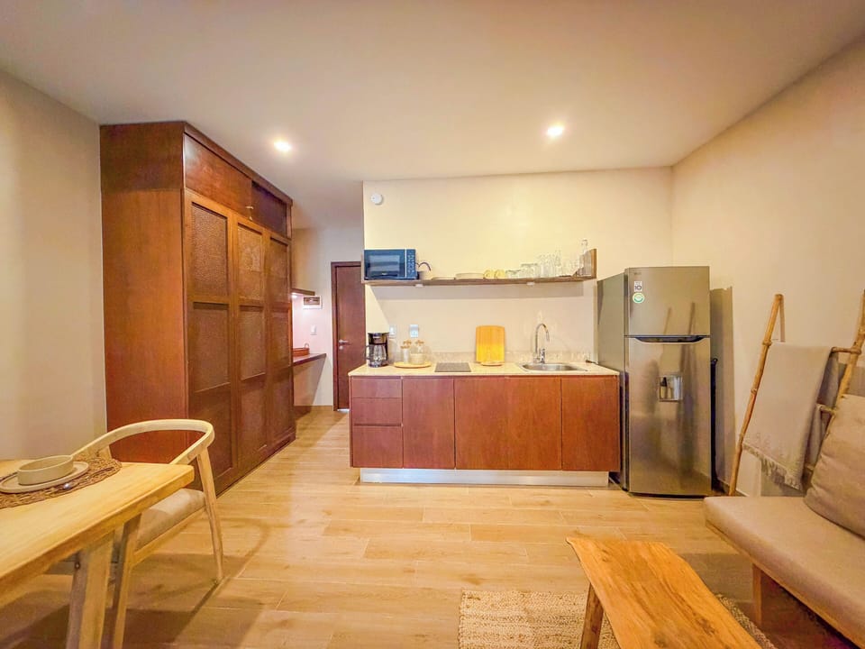 Comfort Apartment, Pool View | Private kitchen | Mini-fridge, microwave, stovetop, toaster