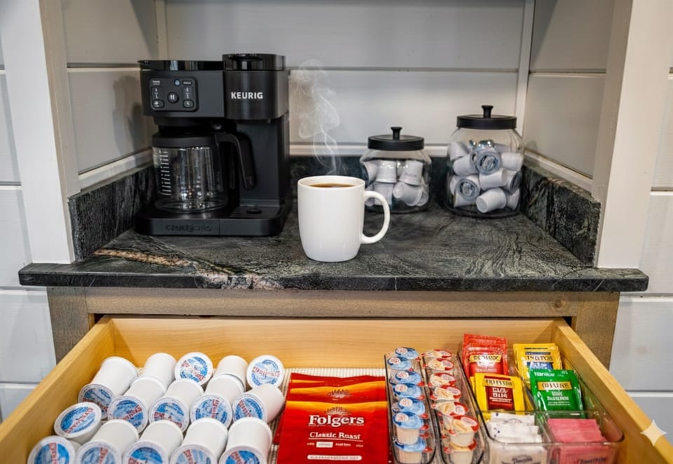 Coffee first, mountain views second. Your fully stocked coffee + tea station is ready for slow mornings in Blue Ridge.
