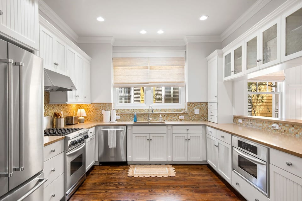 Full stocked kitchen, gas range, new fridge, brand new utensils and cookware.