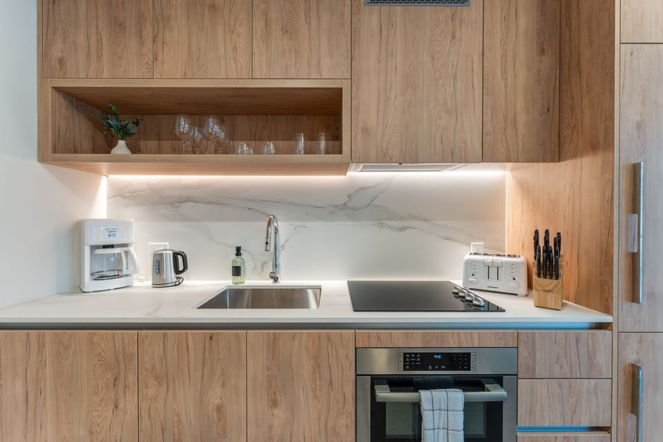 Fully equipped modern kitchen with sleek wood cabinetry.
