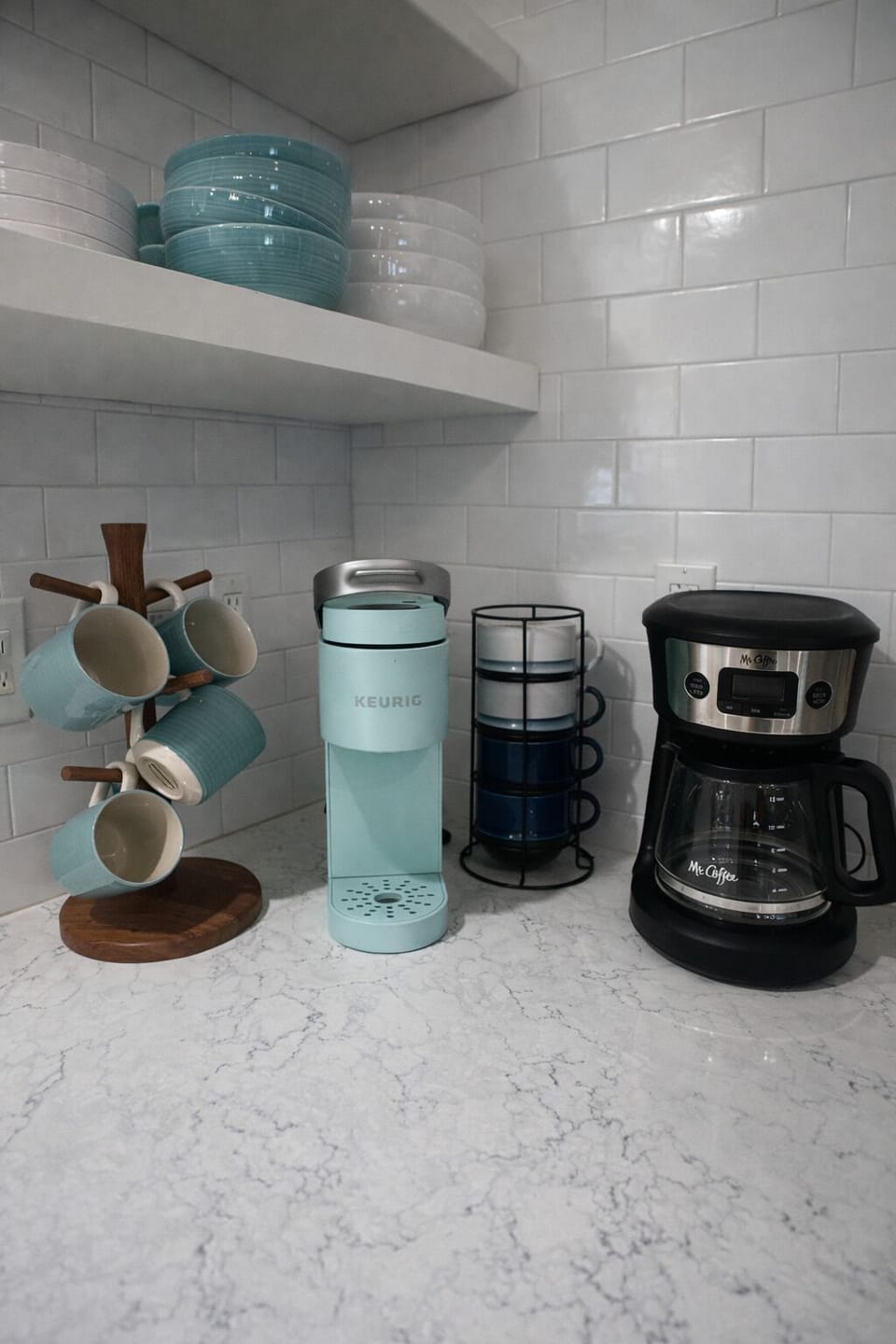 Coffee station with Keurig and drip coffee maker.