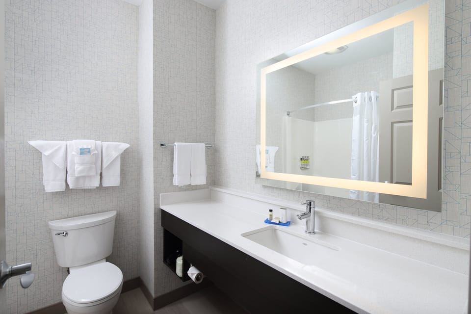 Hair dryer, towels, soap, shampoo