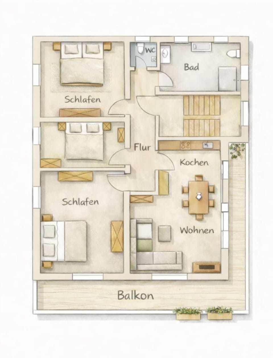 Simon vacation apartment, 90 m², 2-6 persons, eat-in kitchen, 3 bedrooms, shower/WC + WC, balcony Apartment in Grassau