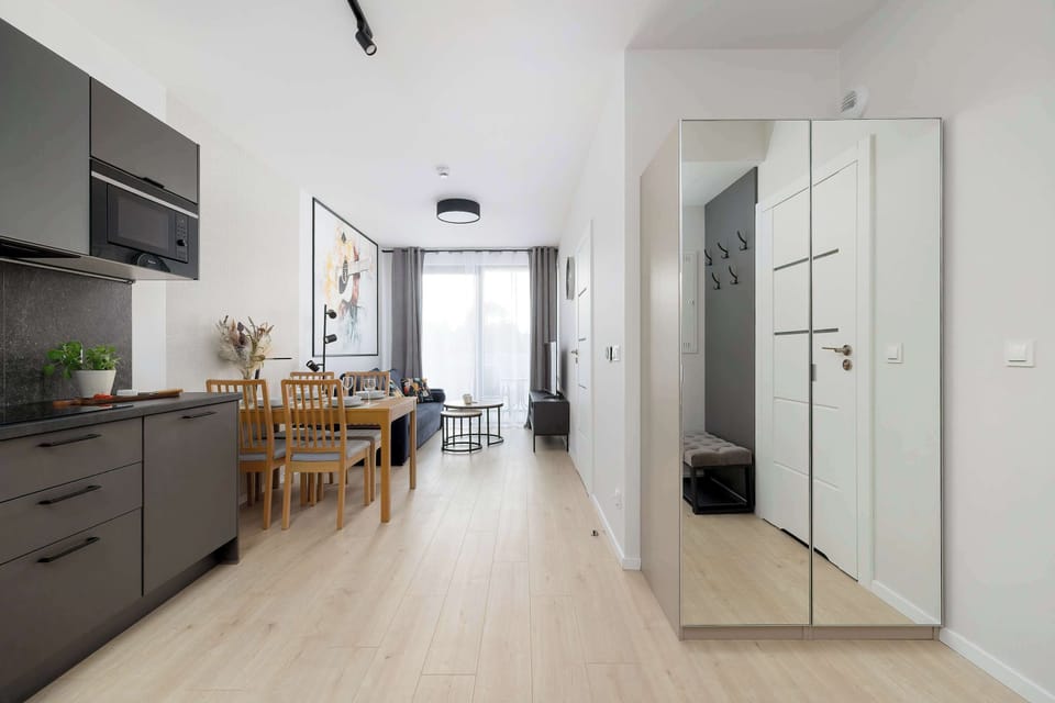 The hallway view connects the dark, modern kitchen cabinets to the bright living area and a large mirrored wardrobe. The layout is functional, maximizing the use of light and space throughout the unit.