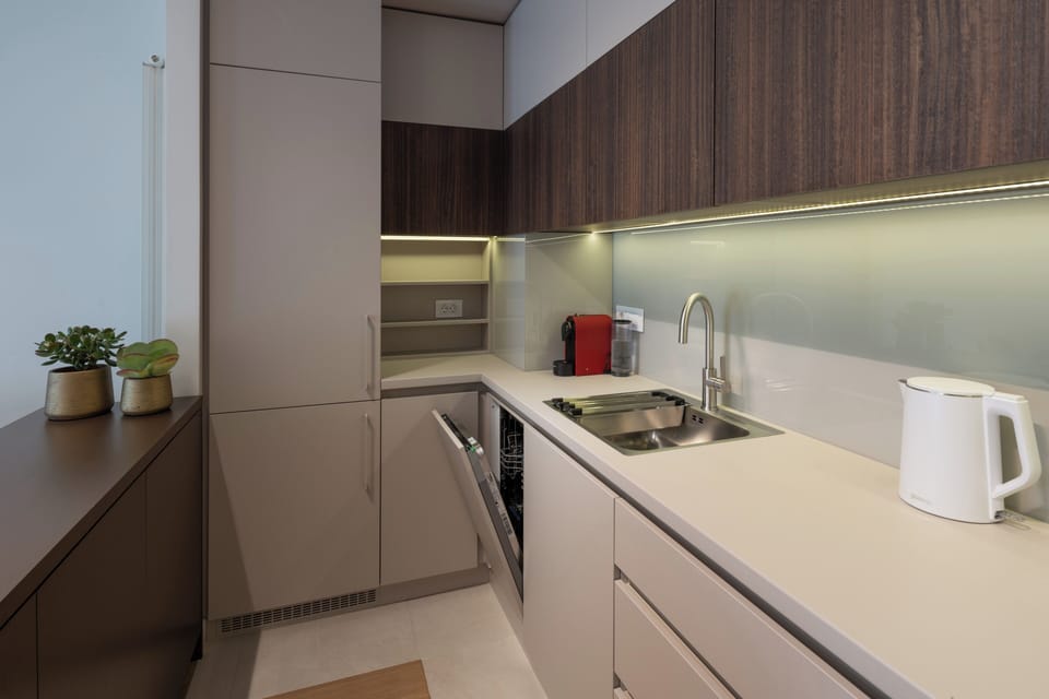 Luxury Apartment, City View | Private kitchen | Fridge, microwave, oven, stovetop