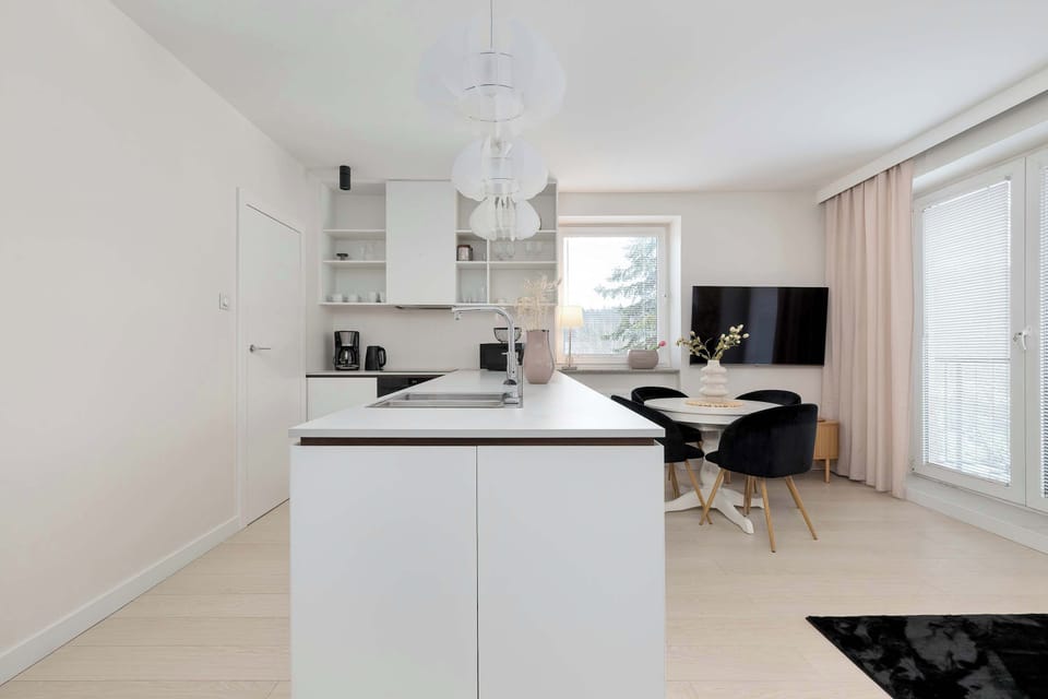 Perspective showing the smooth transition between the kitchen and lounge zone.