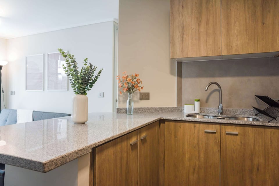 Chic and modern kitchen with sleek granite countertops and stylish decor, perfect for preparing meals in comfort.