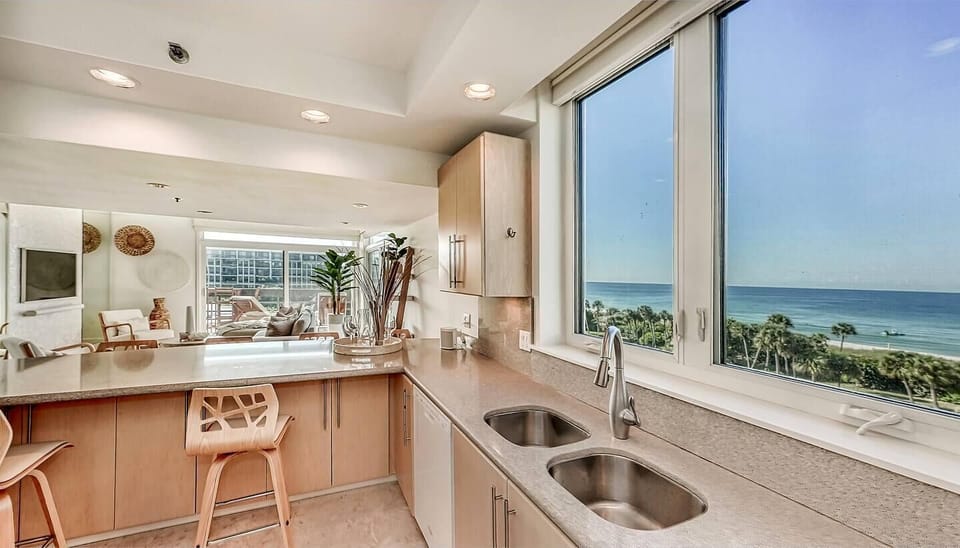 Bright kitchen with panoramic ocean views and natural light