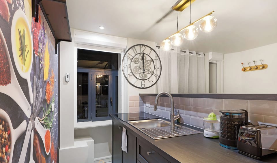Cuisine équipée avec grille-pain, évier et rangements