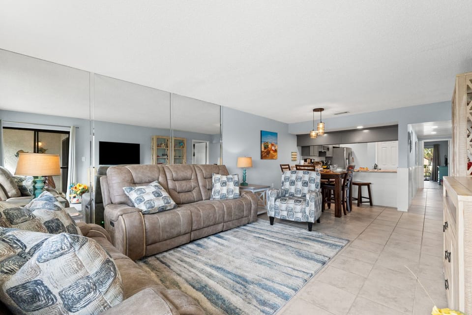 Living room with pool view