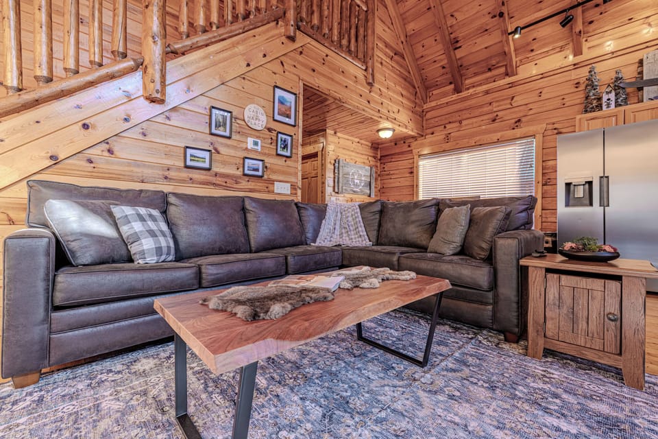 Sectional sofa bed complemented by a rustic coffee table