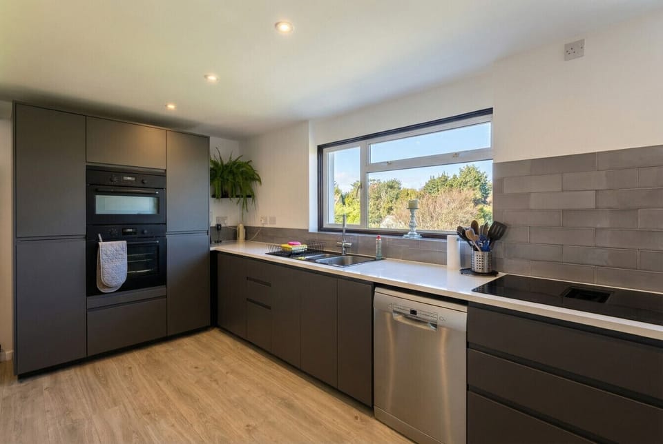 The kitchen shows a run of dark grey fitted units, a built-in double oven tower, a dishwasher and a window with a green garden outlook.