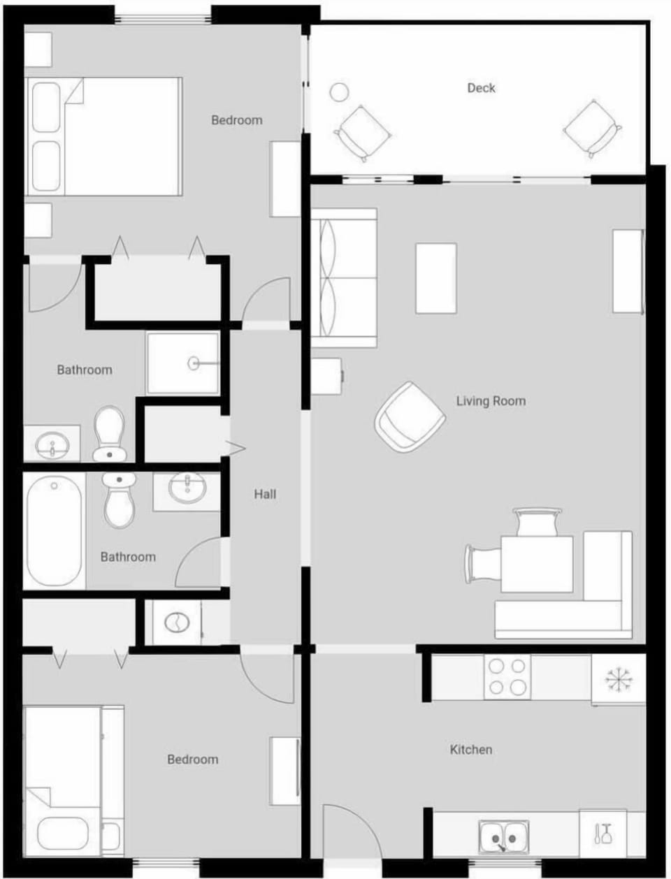 Clear floor plan showing your spacious layout with two bedrooms, full kitchen, living room, and deck for planning your stay.