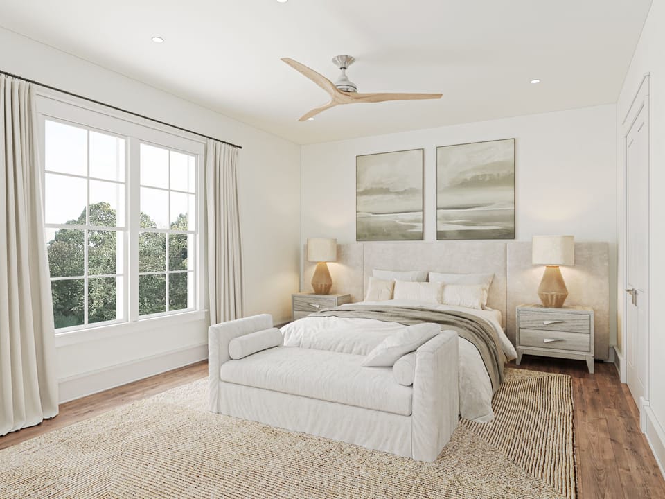 Drift off in this serene bedroom where soft linens meet warm lighting, creating your perfect sanctuary for restful nights.