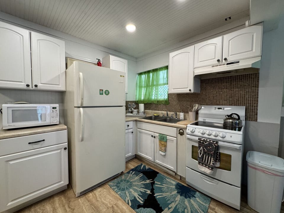 One Fish - fully stocked kitchen, electric range, microwave, full refrigerator, drip coffee maker, coffee, sugar, and creamer
